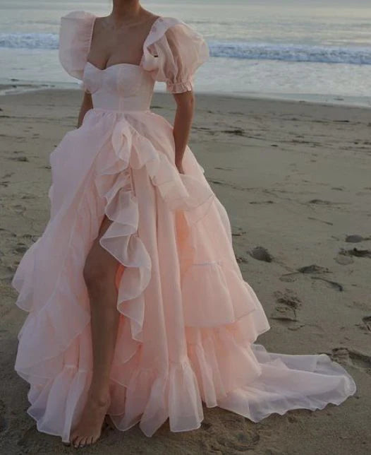 Vestido de fiesta largo con abertura y corte A, de tul multicapa, cuadrado, cuello redondo, sexy, alto bajo